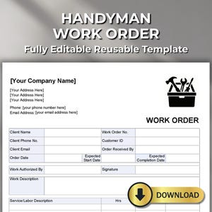 Handyman Work Order Template Editable PDF, Word, Excel & Numbers Form for Service Pros