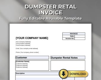 Dumpster Rental Invoice - Fillable PDF, Editable Word, Excel & Numbers Template - Digital Download