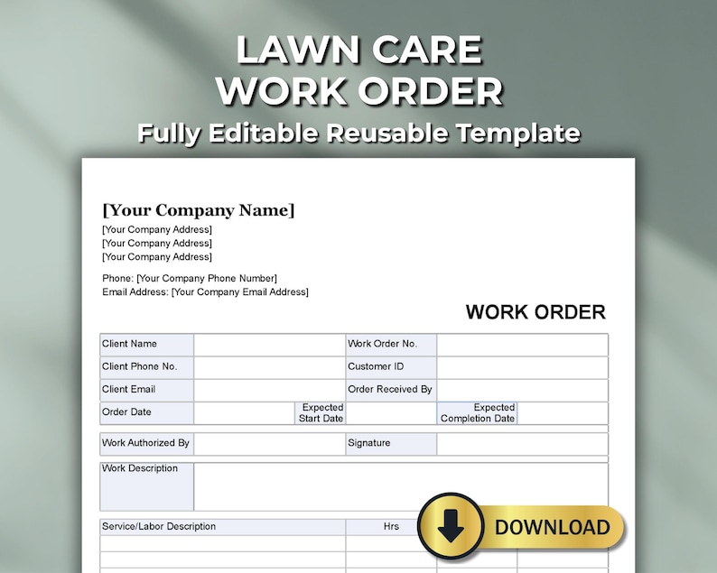 Lawn Care Work Order Template – Landscaping Job Form – Editable PDF ...