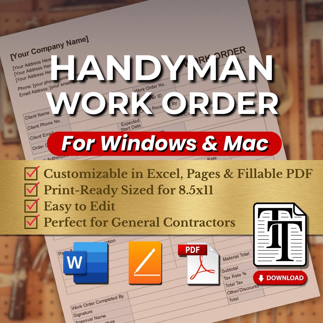 Handyman Work Order Template (PDF, Word, Pages) Editable Service Form