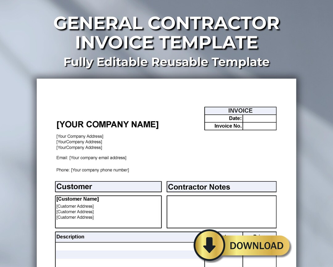 General Contractor Invoice Template – Editable Billing Form – PDF Word ...