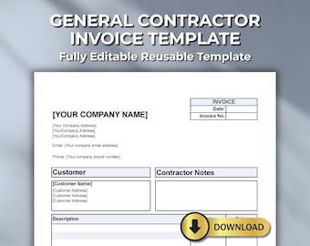 General Contractor Invoice Template – Editable Billing Form – PDF Word Excel