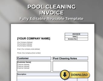 Pool Cleaning Invoice Template - Fillable PDF, Editable Word, Excel & Numbers - Maintenance Bill – Digital Download