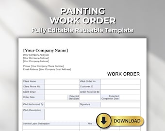 Painting Work Order Template – House Painter Job Form – Editable PDF, Word, Excel, Numbers