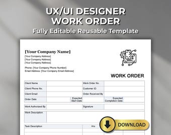 UX UI Designer Work Order Template: Client Project Form (Digital Download)