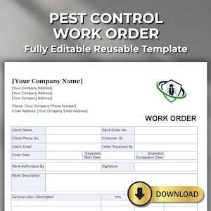 Może przedstawiać: Szablon zlecenia kontroli szkodników z tekstem "PEST CONTROL WORK ORDER Fully Editable Reusable Template". Dokument zawiera pola na informacje o firmie, dane klienta i opisy usług. Widoczny jest przycisk "DOWNLOAD".
