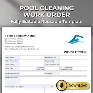Könnte beinhalten: Eine weiße Poolreinigungs-Arbeitsauftragsvorlage mit dem Text "POOL CLEANING WORK ORDER" oben. Die Vorlage enthält Felder für Unternehmensinformationen, Kundendetails und Leistungsbeschreibungen. Eine blaue Schwimmergrafik befindet sich auf der rechten Seite.