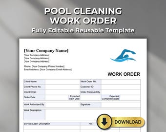 Pool Cleaning Work Order Template - Fillable PDF, Editable Word, Excel & Numbers – Digital Download