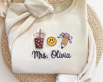 Personalized Teacher Appreciation Gift Top, Trendy Cream Smiley Face and Pencil Shirt, Embroidered Teacher Icon Sweatshirt, Teacher Shirt