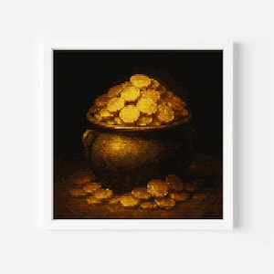 Könnte beinhalten: Gerahmtes Bild eines Topfes, der mit Goldmünzen überquillt. Der dunkle Topf steht auf einer Oberfläche mit verstreuten Münzen. Der tiefschwarze Hintergrund bildet einen Kontrast zum Gold.