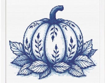 Thanksgiving Pumpkin Cross Stitch Pattern Chinoiserie Blue Boho Cottagecore Fall Decor (PDF Download)