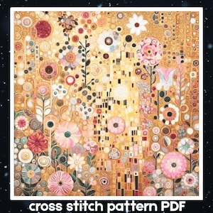 May include: A square cross stitch pattern PDF featuring a dense, golden-toned floral meadow design. The artwork displays numerous stylized flowers in shades of pink, white, and dark red against a shimmering, textured gold background.
