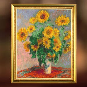 Schema per ricamo a punto croce in formato PDF di Claude Monet &quot;Bouquet di girasoli&quot;, famosa opera d&#39;arte, motivo contato per la decorazione murale di fiori di belle arti