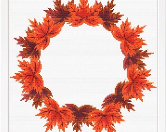 Wreath Cross Stitch Pattern Chart - Maple Leaf Thanksgiving Boho Fall Decor (PDF Download)