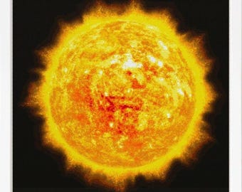 May include: A square framed wall art piece featuring a vibrant, glowing sun against a solid black background. The sun displays a textured surface with intense shades of yellow, orange, and deep red, surrounded by a bright, radiating corona.