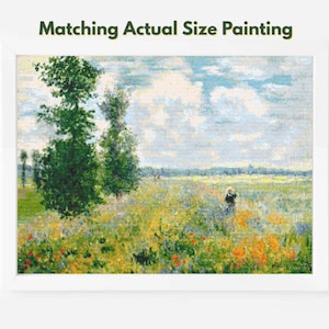 May include: A framed landscape painting featuring a field of wildflowers in yellow, orange, and blue hues under a cloudy sky. Two tall green trees stand on the left, and a small figure walks through the meadow. The text Matching Actual Size Painting is visible at the top.
