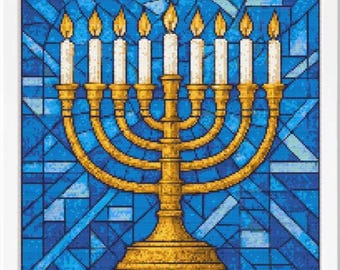 Jewish Cross Stitch, Jewish Embroidery, Menorah Wall Art, Hebrew Embroidery, Hanukkah Cross Stitch, Hebrew Cross Stitch