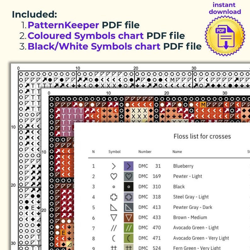 May include: A digital cross stitch pattern document featuring a grid with symbols, a colored symbols chart, and a black and white symbols chart. The document includes a floss list for crosses with DMC thread numbers and color names like Blueberry and Black.
