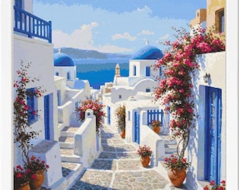 Santorini Cross Stitch Pattern: Greek Island Village (PDF Pattern)