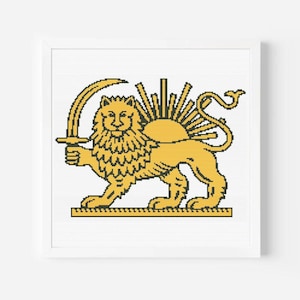 Puede incluir: Un punto de cruz enmarcado del emblema del León y el Sol, un símbolo histórico. El león, en amarillo, sostiene una espada curva. Detrás del león hay un sol amarillo con rayos. El diseño está sobre un fondo blanco.