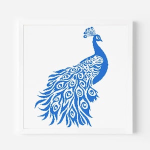 May include: A framed print featuring a stylized peacock in shades of blue. The peacock is depicted in profile, with its elaborate tail feathers fanned out. The artwork is set against a white background.