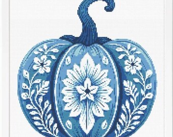 Thanksgiving Pumpkin Cross Stitch Pattern Chinoiserie Blue Boho Cottagecore Fall Decor (PDF Download)