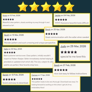 May include: A collection of eight customer reviews displayed in white rectangular boxes with yellow borders against a dark background. Each review features five yellow stars and text from individuals including Kirsty, Jackie, Sarah, Scott, Judy, and Sandy.
