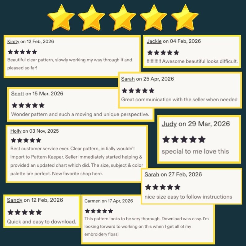 May include: A collection of eight customer reviews displayed in white rectangular boxes with yellow borders against a dark background. Each review features five yellow stars and text from individuals including Kirsty, Jackie, Sarah, Scott, Judy, and Sandy.
