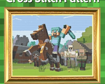 Può includere: Uno schema a punto croce con una scena pixelata di Minecraft che mostra un personaggio a cavallo di un cavallo marrone, accompagnato da un villico e un golem di ferro. Il disegno è racchiuso in una cornice dorata decorativa su sfondo verde.