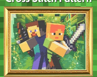 Può includere: Uno schema a punto croce con un'illustrazione pixelata di due personaggi di Minecraft schiena contro schiena, uno con capelli castani e uno con capelli arancioni, entrambi con spade, incorniciato in una cornice rettangolare dorata e decorata.
