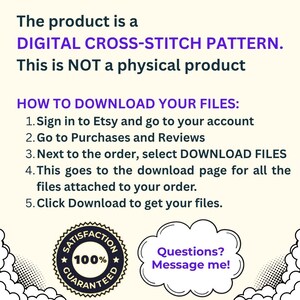 May include: A digital cross-stitch pattern information graphic with dark text on a light background. It states the product is a digital cross-stitch pattern, not a physical item, and provides five numbered steps for downloading files from Etsy.