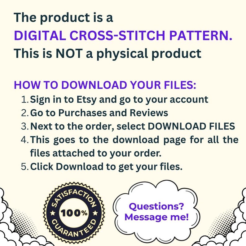 May include: A digital cross-stitch pattern information graphic with dark text on a light background. It states the product is a digital cross-stitch pattern, not a physical item, and provides five numbered steps for downloading files from Etsy.