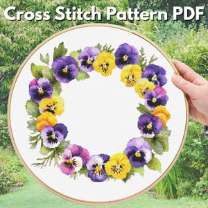 Violet Cross Stitch, Viola Cross Stitch, Wreath Cross Stitch, Floral Cross Stitch, Flower Cross Stitch