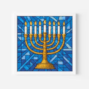 May include: A framed image of a gold-coloured menorah with nine lit candles. The candles are white with yellow flames, set against a blue mosaic background. The frame is white. The image is a representation of the Jewish Hanukkah.
