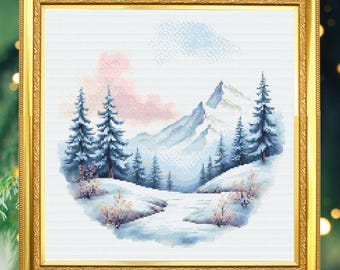 Schema per punto croce "Montagna invernale": ricamo paesaggistico per principianti (schema in PDF)