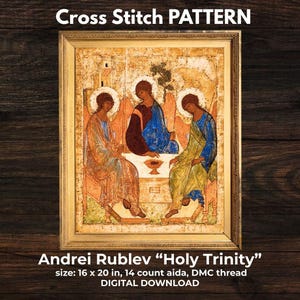 Puede incluir: Un patrón de punto de cruz enmarcado de "La Santísima Trinidad" de Andrei Rublev. La obra de arte representa tres figuras con túnicas, con halos, sentadas alrededor de una mesa. El texto en la parte superior dice "Cross Stitch PATTERN". El tamaño es de 40.6 x 50.8 cm.
