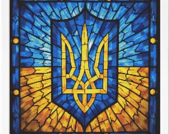 Ukrainian Flag Trident Stained Glass Cross Stitch Pattern (PDF)