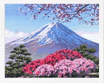 日本のピンク畑のクロスステッチパターン、咲き誇る桜の刺繍富士山寺院