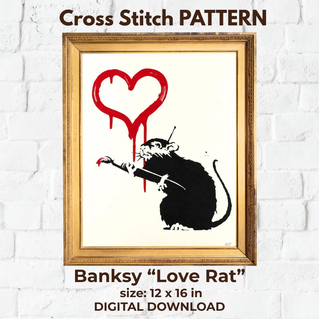 バンクシーのラブラットクロスステッチパターン：ファインアート刺繍