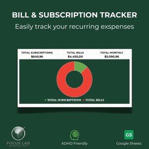 Business Subscription Tracker Google Sheets, Bill Tracker Spreadsheet, Monthly Bill Recurring Expense Planner, Finance Organizer