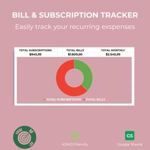 Può includere: Un'interfaccia di foglio di calcolo per il monitoraggio di bollette e abbonamenti su sfondo rosa. Mostra i totali con un grafico ad anello rosso e verde. Il testo include BILL & SUBSCRIPTION TRACKER, ADHD Friendly e Google Sheets.