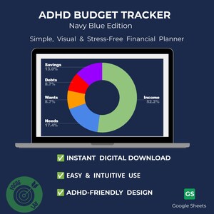 Può includere: Un tracker di budget digitale per ADHD in edizione blu navy, con uno schermo di computer che mostra un grafico a ciambella colorato con categorie per entrate, bisogni, desideri, debiti e risparmi. Il testo include download digitale istantaneo e design intuitivo.