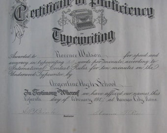 Certificate of Typewritting Proficiency Original Vintage Document from 1917 Kansas City Industrial Cottage Style Farmhouse