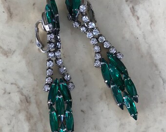 Vintage Green and Silver Rhinestone Chandelier Earrings Marquis Hollywood Regency