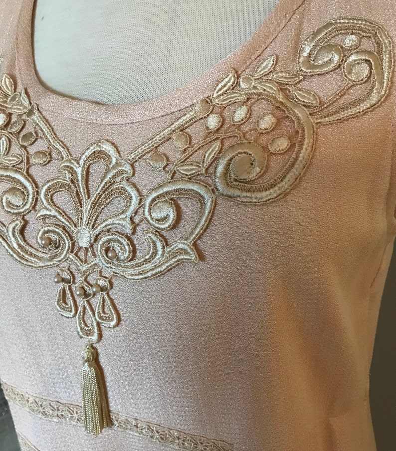 Vintage Blush Pink Dress Ecru Lace Sheer Ruffle Sleeveless Waltz Length Lined