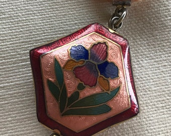 Pretty Vintage  Cloisonne Necklace Enamel Iris Peach Pendant