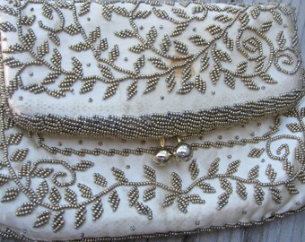 Sale!!!!Ladies Beaded Satin Clutch Evening Bag 1970's