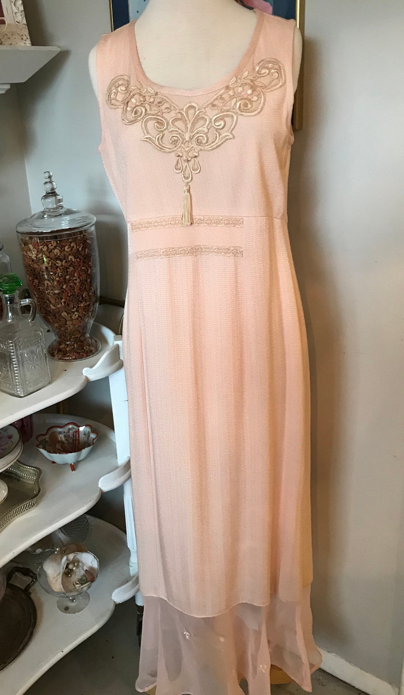 Vintage Blush Pink Dress Ecru Lace Sheer Ruffle Sleeveless Waltz Length Lined