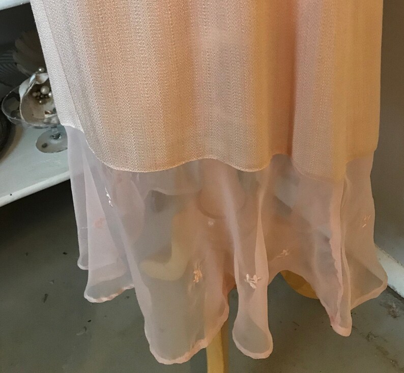 Vintage Blush Pink Dress Ecru Lace Sheer Ruffle Sleeveless Waltz Length Lined