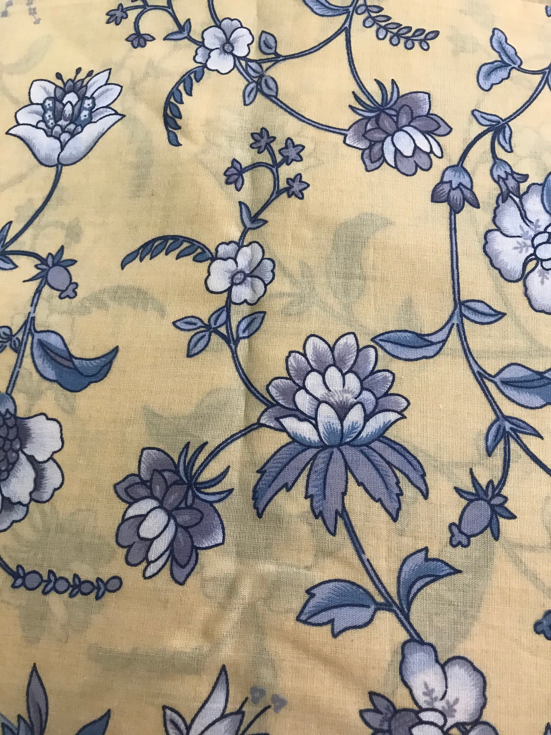 Vintage Blue and Yellow Cotton Floral Fabric | Etsy